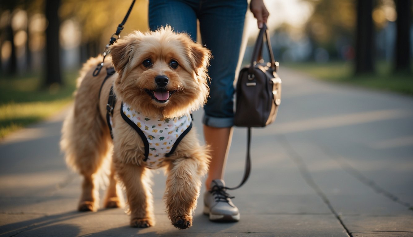 An older dog wearing a diaper while being taken outside for a walk by its owner