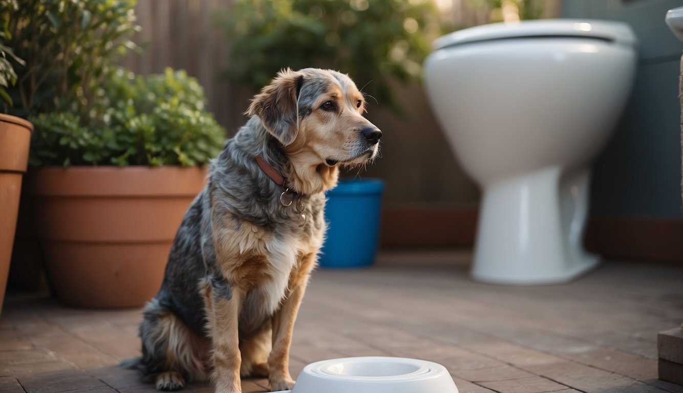 An older dog with a concerned expression, standing near a designated potty area with absorbent pads and easy access to the outdoors