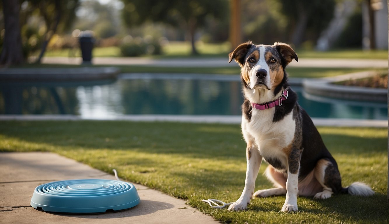 An older dog with a concerned expression, standing next to a water bowl and a stack of training pads. A person holding a leash and looking up "How to Handle Incontinence in Older Dogs" on their phone