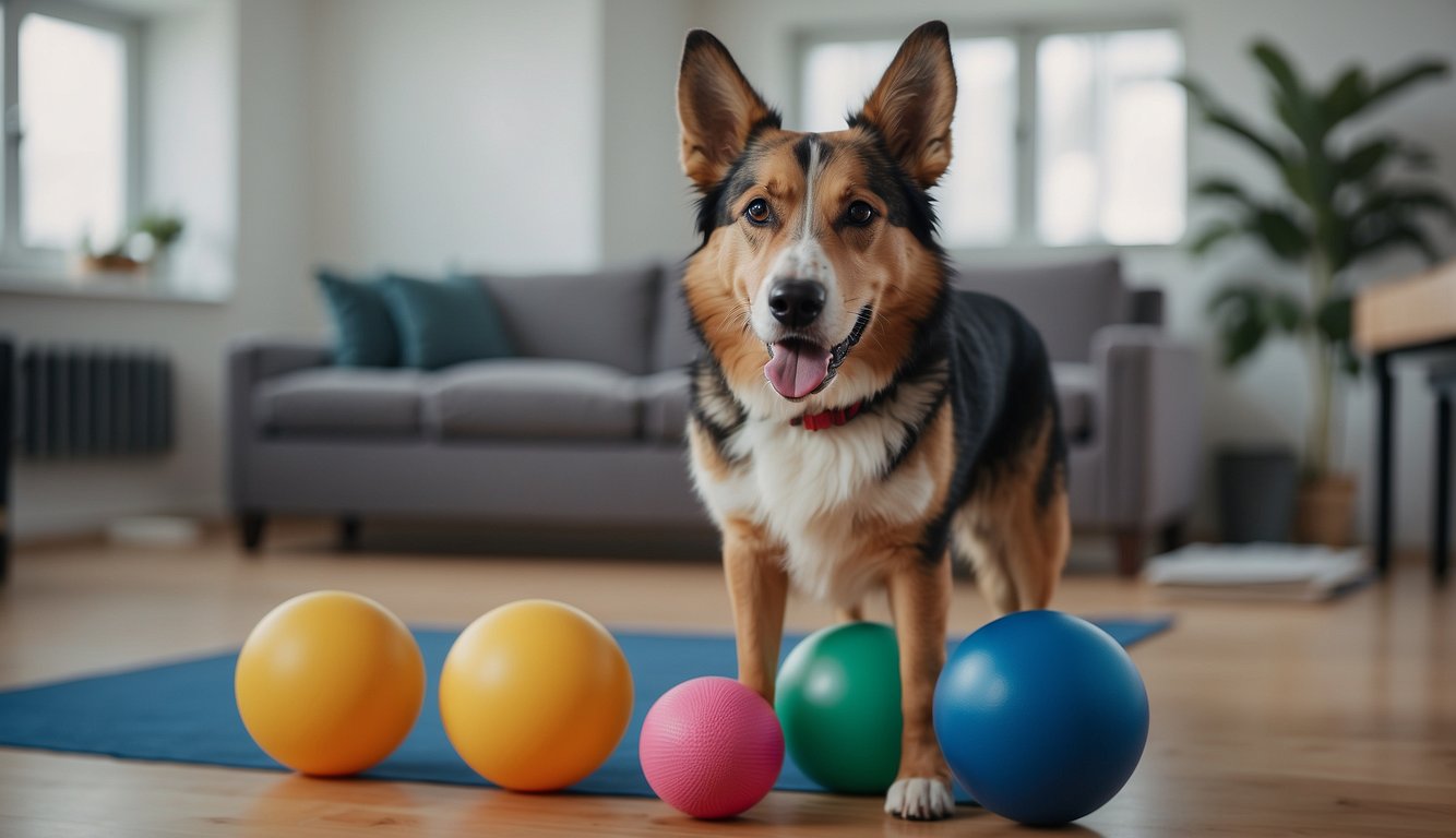 A dog with limited mobility is doing exercises with a therapist. They are using a balance ball and resistance bands to strengthen and stretch the dog's muscles
