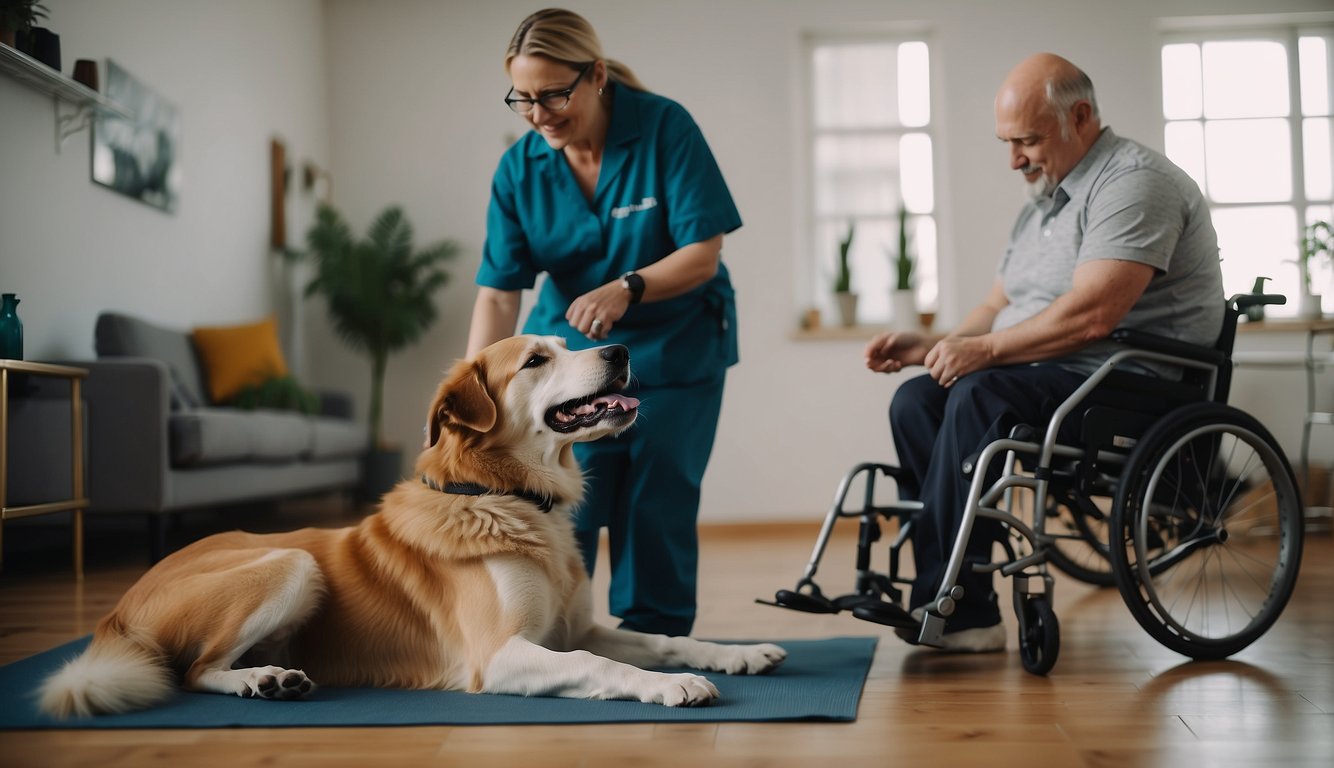 A dog with limited mobility is doing gentle stretches with a therapist. A variety of exercises and equipment are scattered around the room