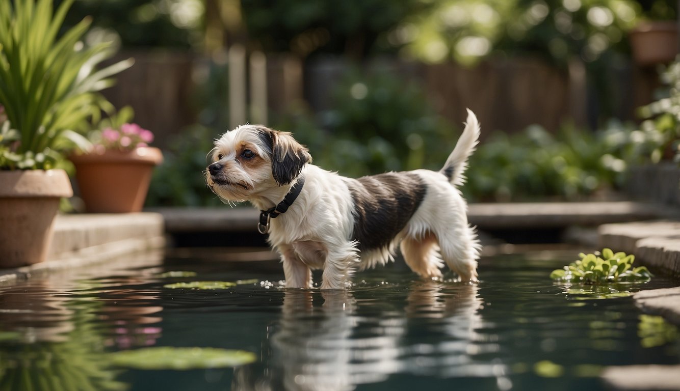 A small dog with limited mobility enjoys a gentle swim in a shallow pool, while another dog sniffs and explores a sensory garden designed for low-impact exercise