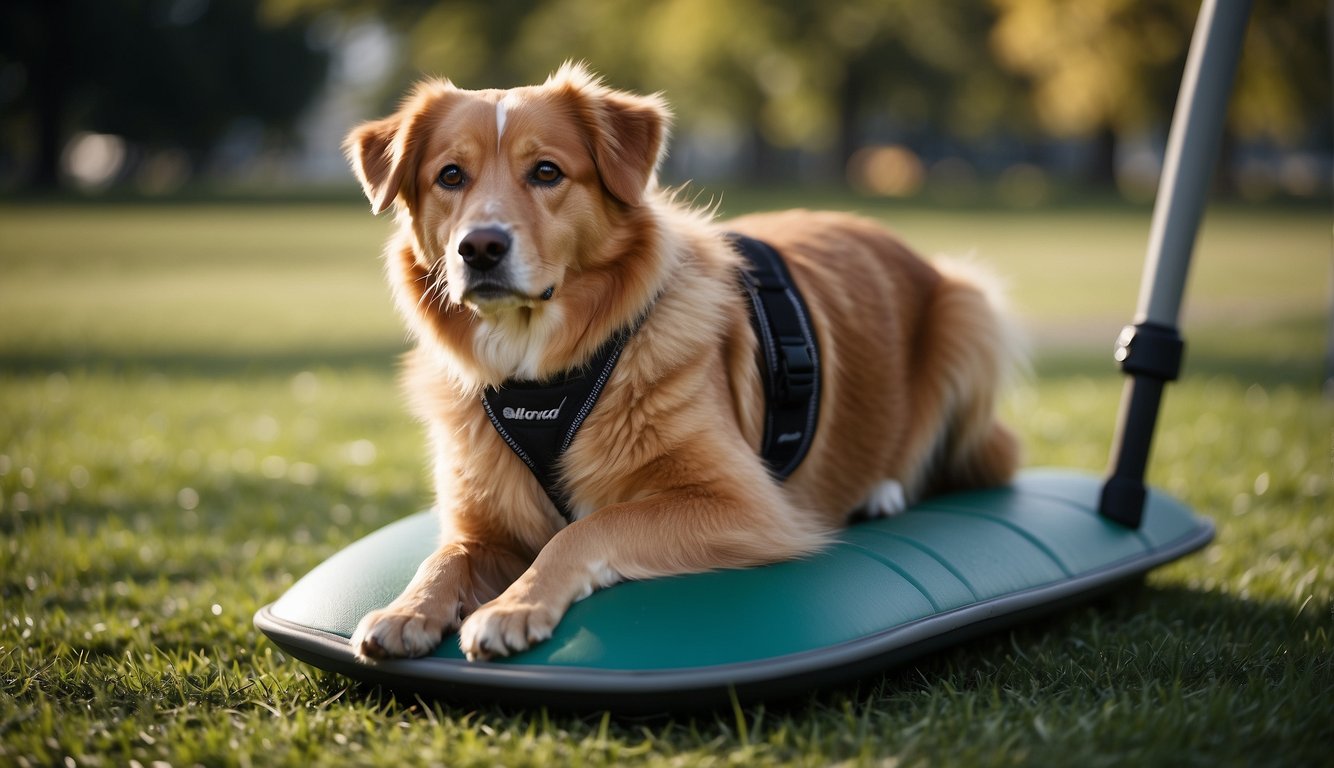 A dog with limited mobility exercises in a grassy park, using low-impact equipment like a balance pad and gentle stretches