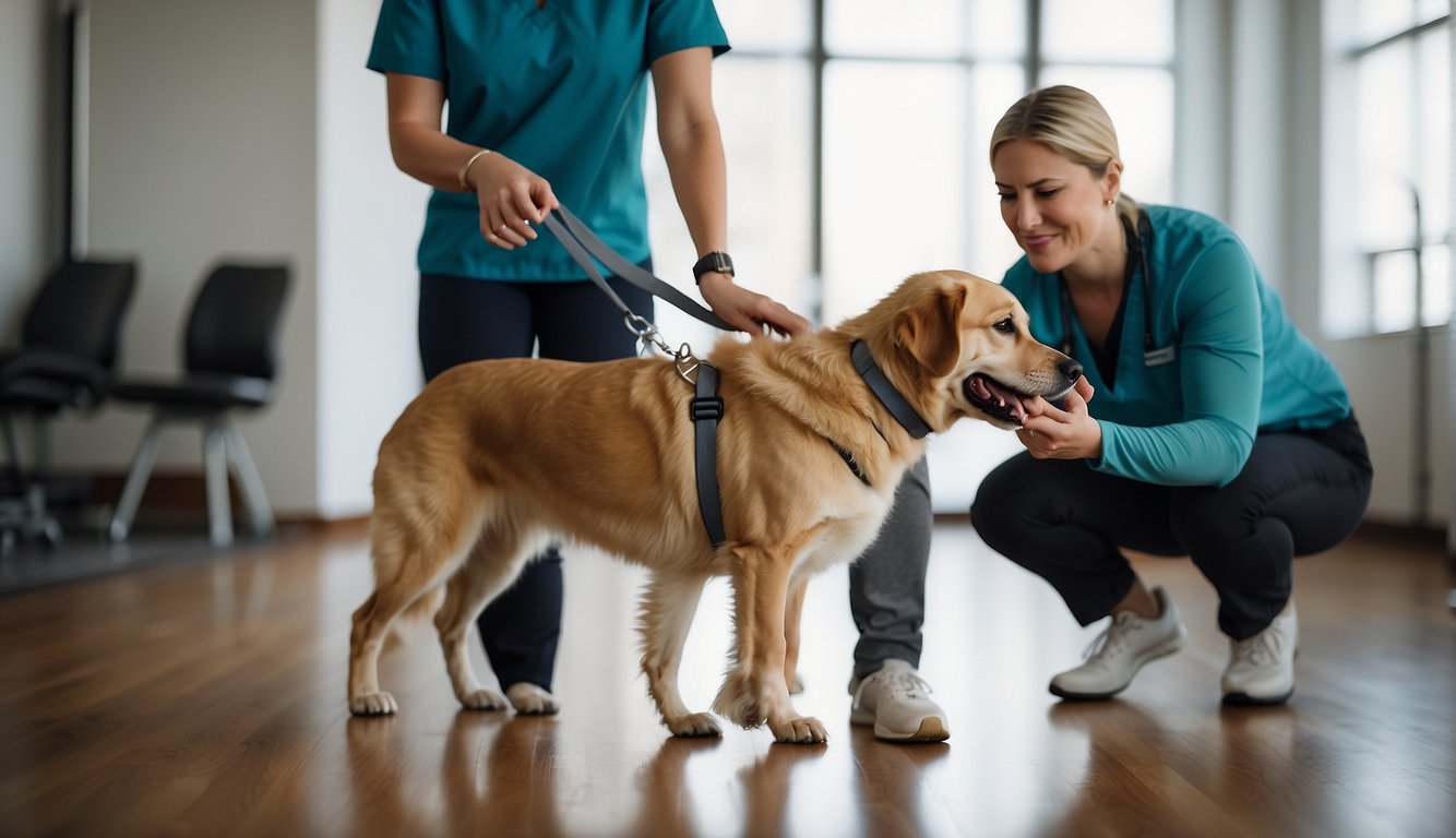 A dog with limited mobility is being assisted by a physical therapist during a range of motion exercises. The therapist is gently guiding the dog's limbs through various movements while closely monitoring the dog's response