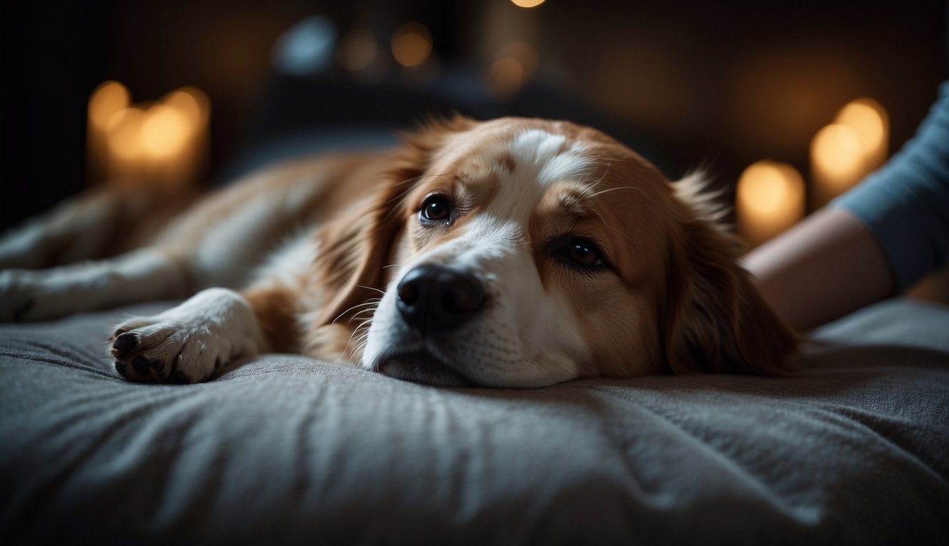 A dog lies peacefully on a cushioned surface, surrounded by calming music and dim lighting. A trained acupuncturist carefully inserts tiny needles into specific points on the dog's body, providing relief and comfort in late-stage care