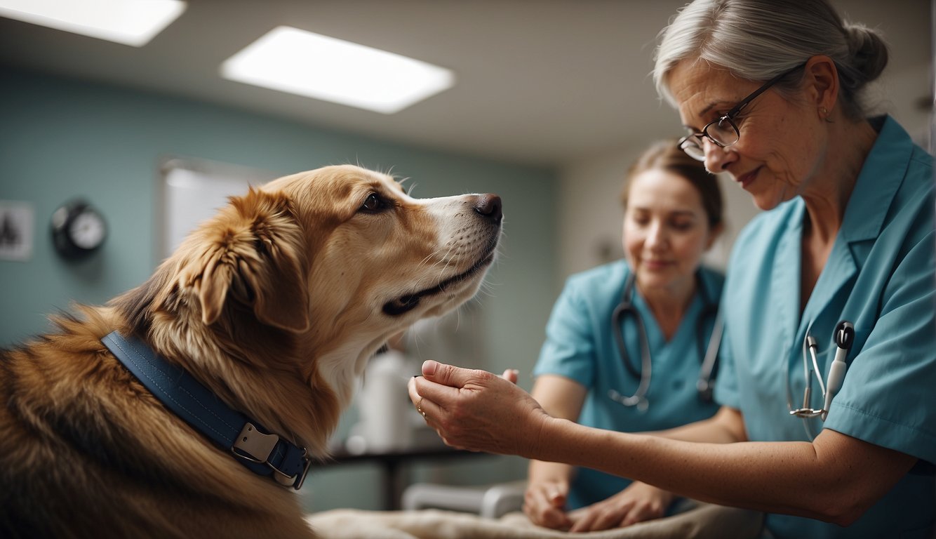 A veterinarian administers acupuncture to a senior dog in a cozy clinic setting, surrounded by supportive veterinary professionals