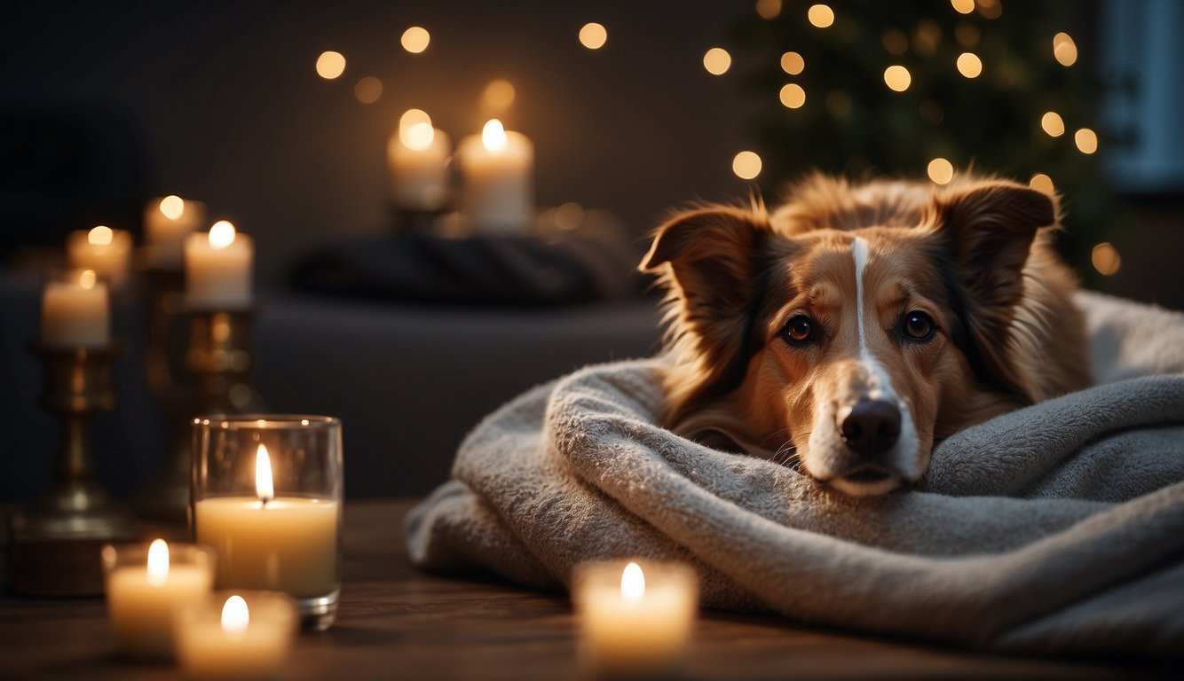 A dog lies peacefully on a soft blanket, surrounded by gentle candlelight. A caring veterinarian administers acupuncture, providing comfort in late-stage care