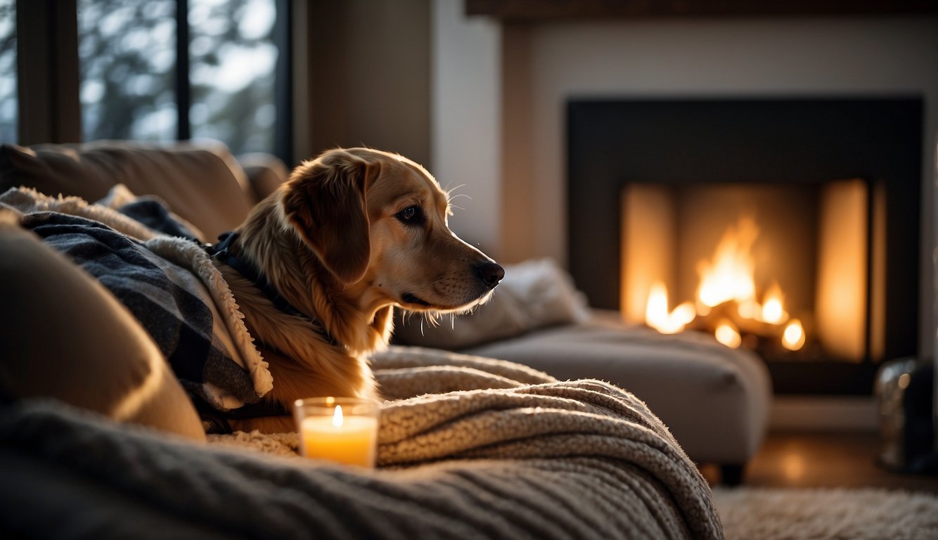 A cozy living room with soft blankets and pillows, a warm fireplace, and gentle lighting. A veterinarian administering care to a peacefully resting dog