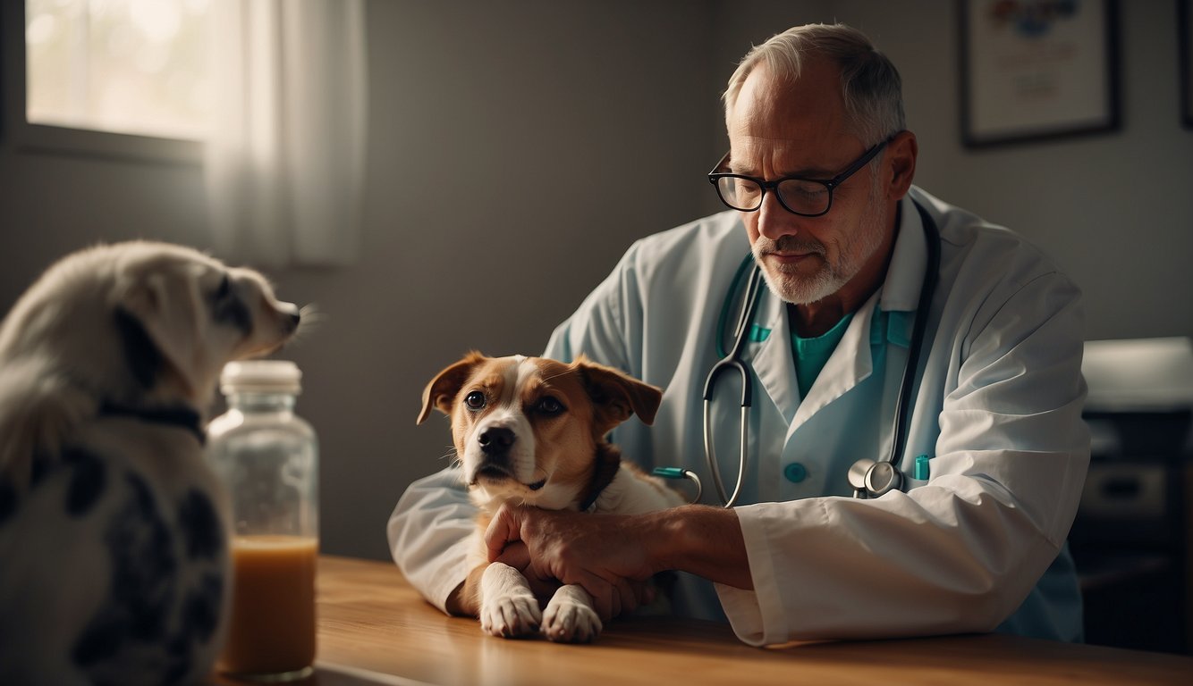 A veterinarian prepares medication and comforts a dying dog at home