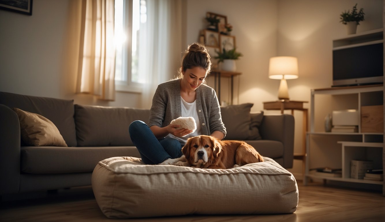 A peaceful living room with a cozy dog bed, soft lighting, and a gentle atmosphere. A veterinarian making a house call, comforting a dying dog while discussing end-of-life care with the owner
