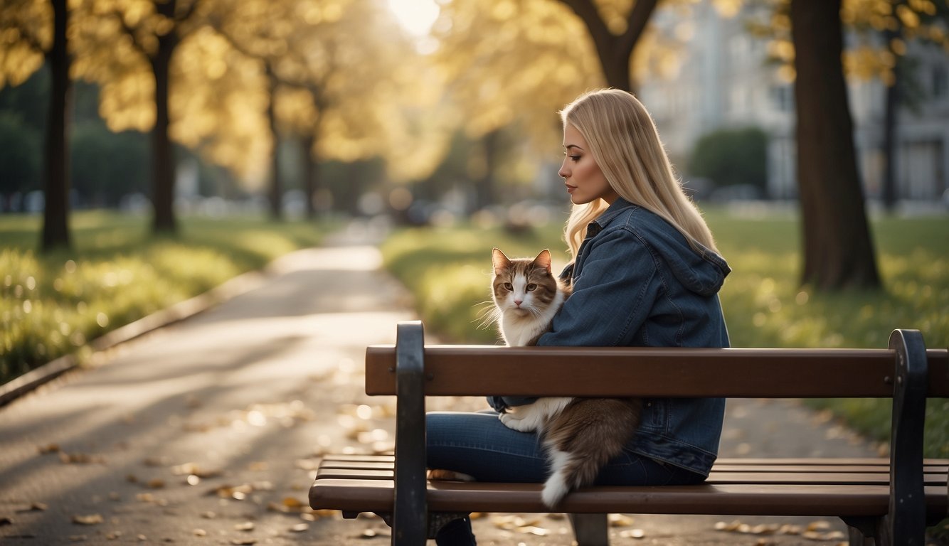 A pet owner sitting on a park bench, holding a photo of their beloved pet and looking at it with a mix of sadness and nostalgia. The surrounding environment is peaceful, with trees and flowers in bloom