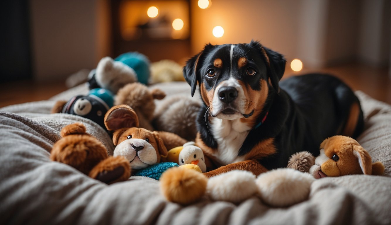 A pet's empty bed surrounded by their favorite toys and a family member holding a photo of the beloved pet