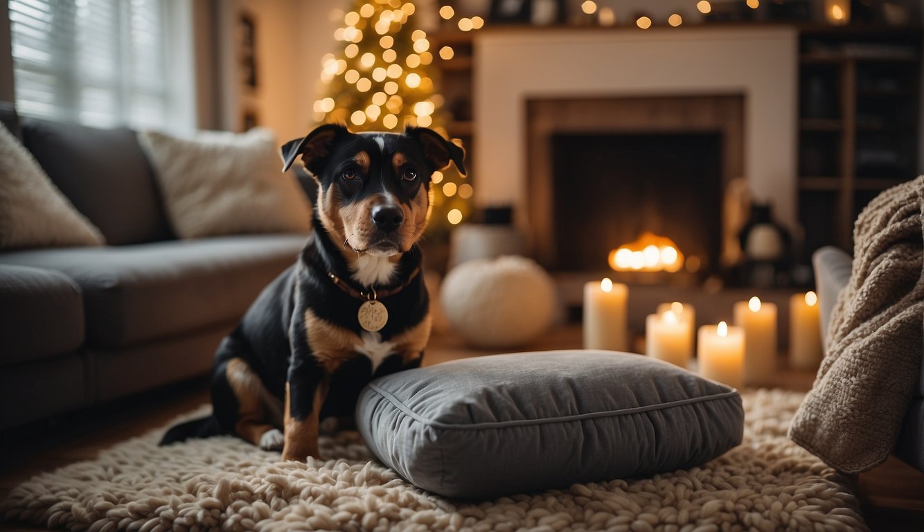 A cozy living room with a pet bed, toys, and family photos. A family reading books about pet loss, surrounded by comforting blankets and candles