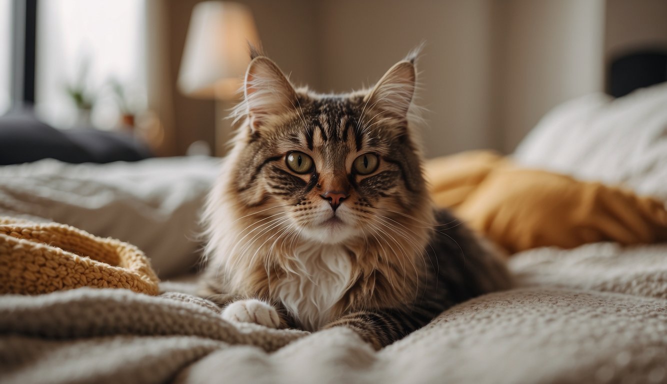 A pet lying peacefully on a soft bed, surrounded by comforting items like toys and blankets. The room is filled with warm, natural light, creating a serene and loving atmosphere