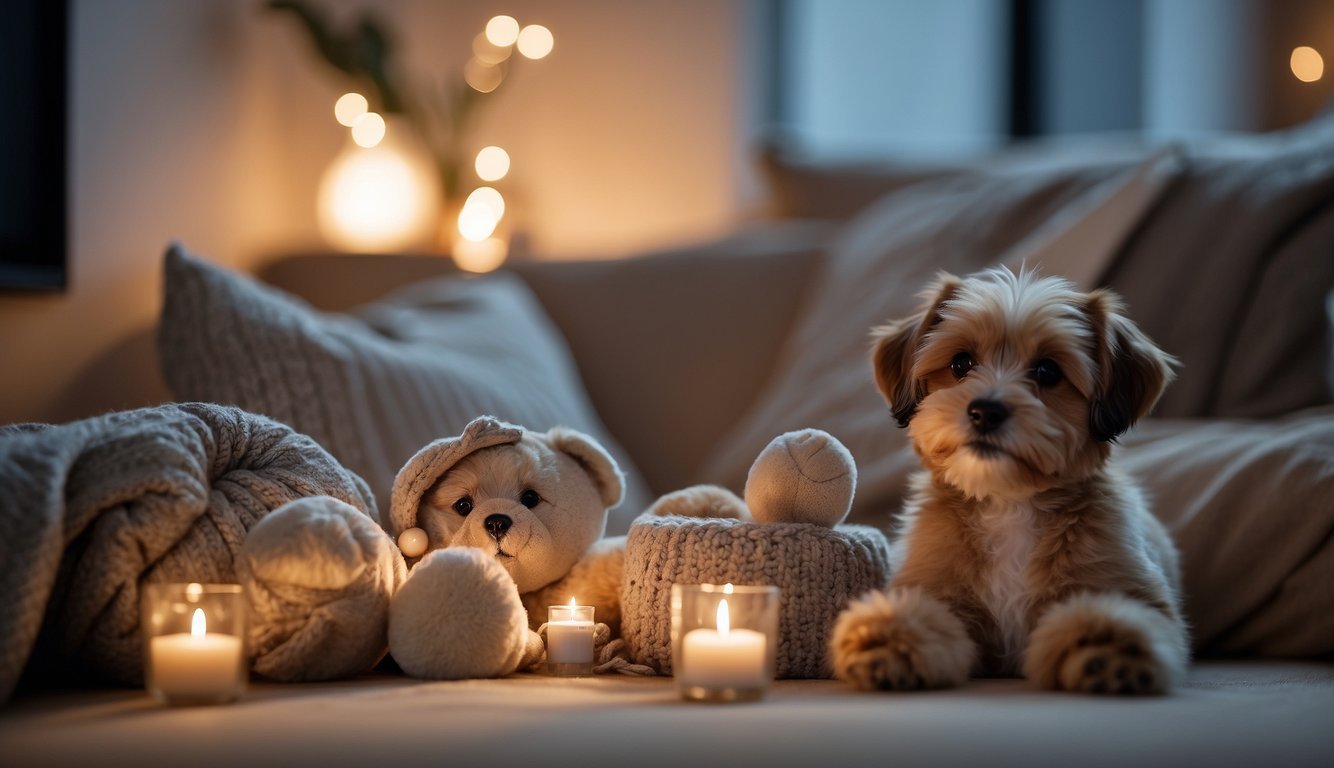 A pet's favorite toys and cozy bed arranged in a peaceful corner, surrounded by framed photos and a lit candle