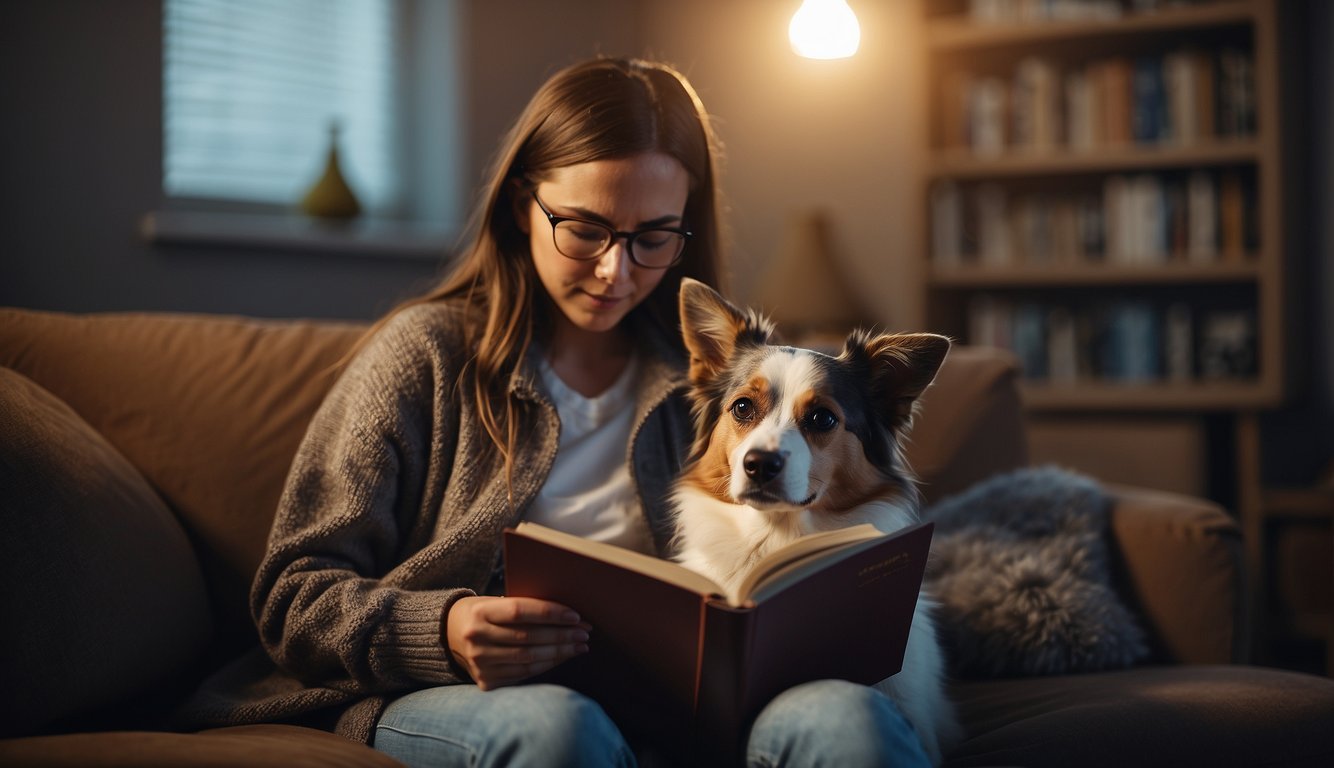 A pet owner sits with their beloved animal, reading a storybook together. The owner's face shows a mix of sadness and determination as they prepare for the inevitable loss of their pet