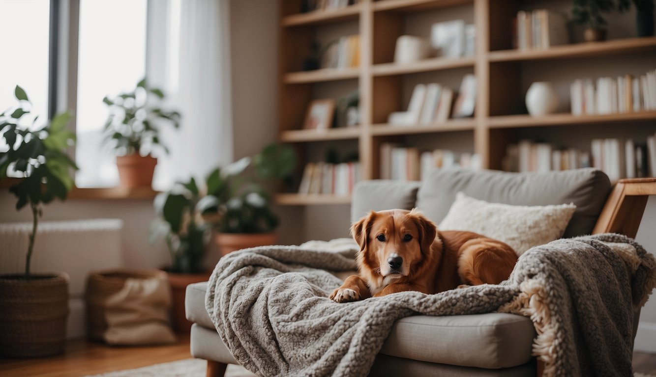 A cozy living room with a pet bed, toys, and a family photo. A bookshelf filled with comforting stories and a soft blanket for snuggling