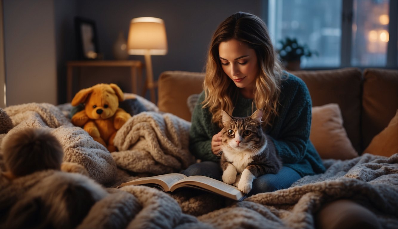 A pet owner reading stories with their pet, surrounded by comforting blankets and toys, preparing for the loss of their beloved animal companion